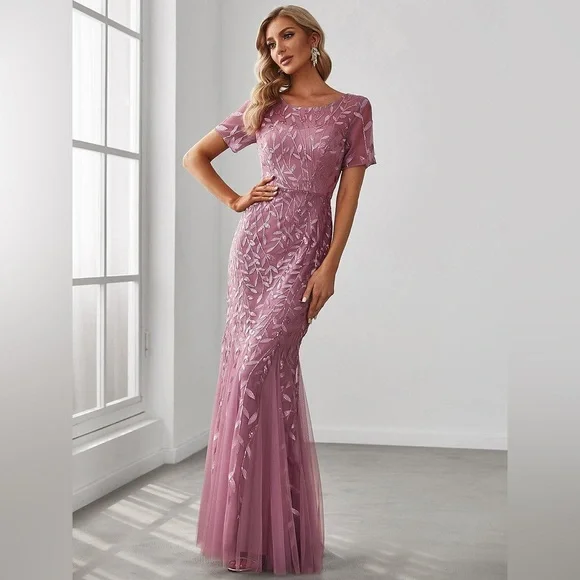 🆕 Floral Sequin Print Maxi Long Fishtail Formal Dresses With Half Sleeve - Picture 1 of 3